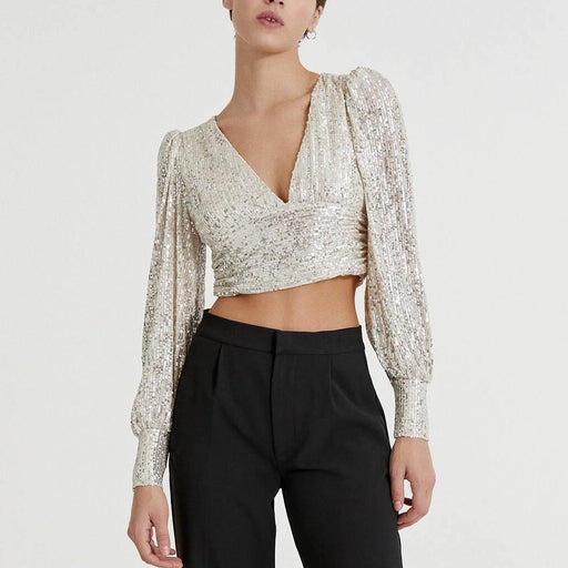 Color-Silver-Women Clothing Party Puff Sleeve Sequined Blouse Long Sleeve Top-Fancey Boutique
