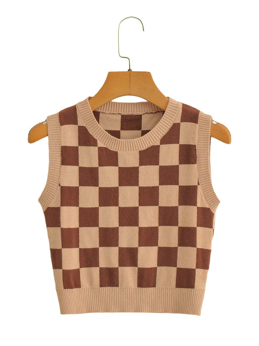 Color-Spring Urban Casual Women Chessboard Plaid Knitted Vest-Fancey Boutique