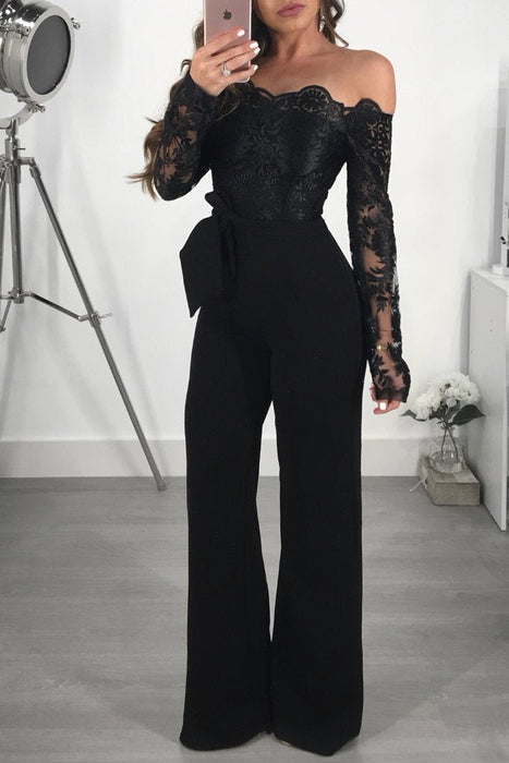 Color-Black-Clothing Casual Women Water Soluble Lace off Neck Wide Leg Jumpsuit-Fancey Boutique