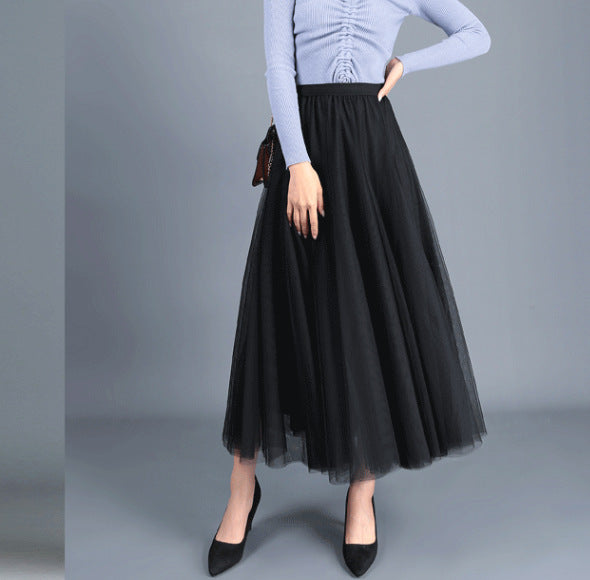 Color-Black-Spring Swing Puffy Ankle Length Skirt High Waist Slim Fit Fairy Skirt Tulle Skirt A Line Skirt-Fancey Boutique