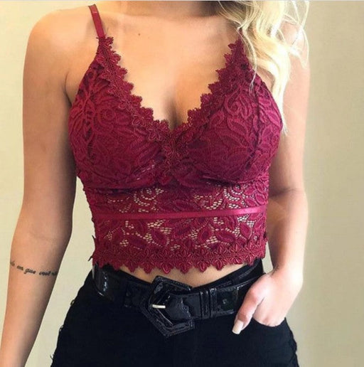 Color-Burgundy-Sexy Goddess Hazy Sexy Charming Hollow Out Cutout Lace Thin Strap Triangle Cup Bra Wireless Backless Women Underwear-Fancey Boutique