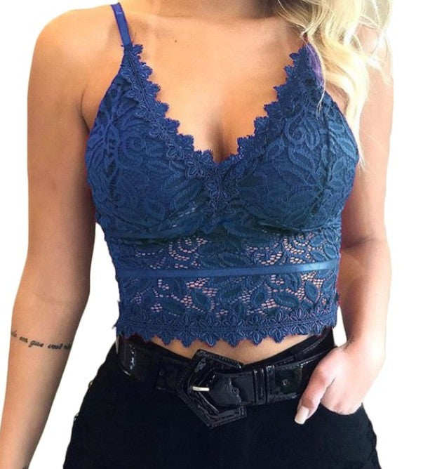 Color-Blue-Sexy Goddess Hazy Sexy Charming Hollow Out Cutout Lace Thin Strap Triangle Cup Bra Wireless Backless Women Underwear-Fancey Boutique