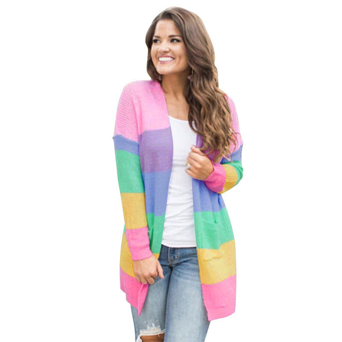 Color-Pink-Sweater Women Rainbow Contrast Striped Sweater Women Long-Sleeve Cardigan Sweater Coat-Fancey Boutique