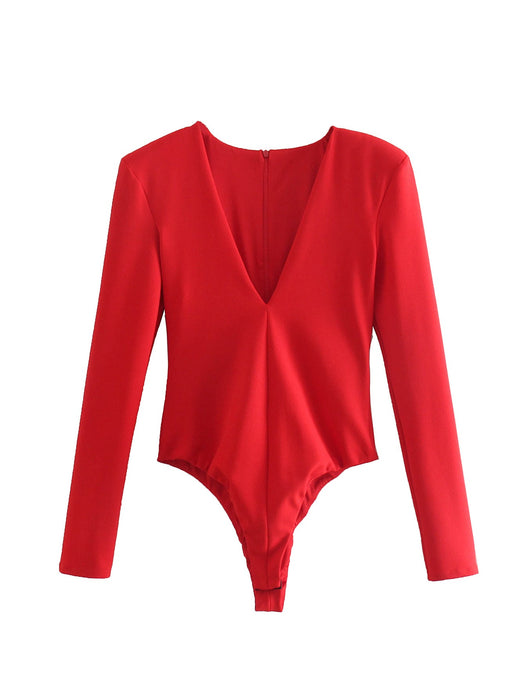 Color-Autumn Casual Women Clothing Pullover V Tie Padded Shoulder Bodysuit-Fancey Boutique