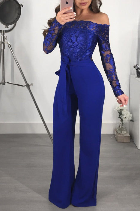 Color-Blue-Clothing Casual Women Water Soluble Lace off Neck Wide Leg Jumpsuit-Fancey Boutique