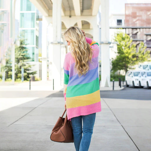 Color-Pink-Sweater Women Rainbow Contrast Striped Sweater Women Long-Sleeve Cardigan Sweater Coat-Fancey Boutique