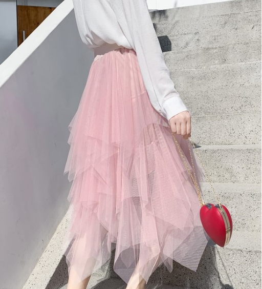 Color-Pink-Spring Autumn Irregular Asymmetric Bottom Stitching Puffy Mesh Skirt High Waist Mesh Skirt Fairy Tide Skirt-Fancey Boutique