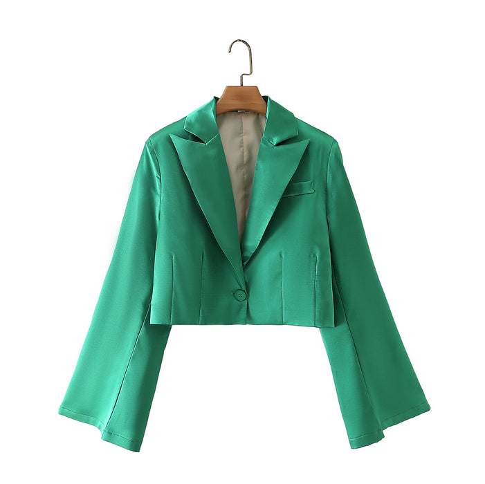 Color-French Retro Women Clothing Slimming Solid Color Satin Short Blazer-Fancey Boutique