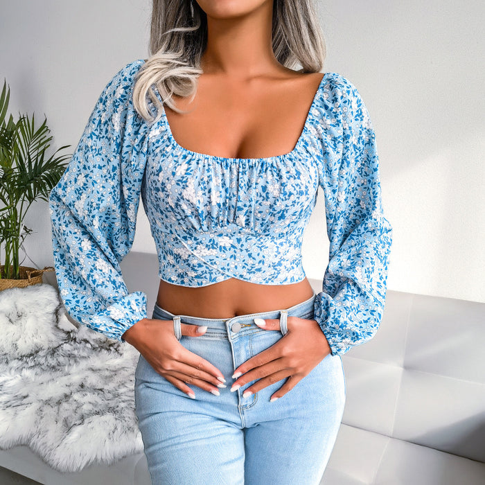 Color-Lantern Sleeve Bow Floral Chiffon Shirt Vacation Cropped Top Women Clothing-Fancey Boutique