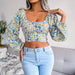 Color-Lantern Sleeve Bow Floral Chiffon Shirt Vacation Cropped Top Women Clothing-Fancey Boutique