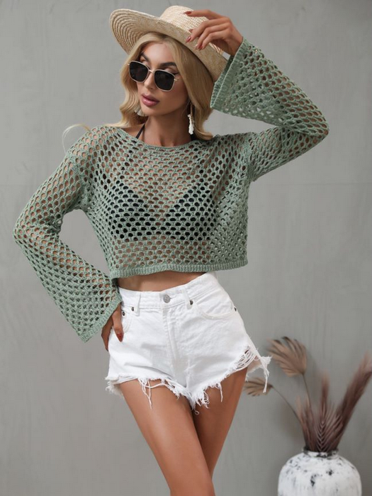 Color-Crochet Spring Summer New Knitwear Bell Sleeve Loose Round Neck Hollow Out Cutout out Sweater Women-Fancey Boutique