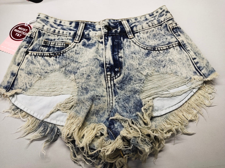 Color-Snow Blue-Slim-Fit High Waist Worn Irregular Asymmetric Leak Pocket Snowflake Nostalgic Denim Shorts-Fancey Boutique