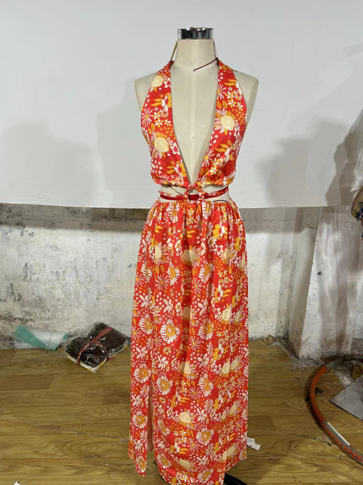 Color-Women V-neck Printing Slip Dress Sexy Split Maxi Dress-Fancey Boutique