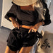 Color-Eyelet Embroidery Brand Sexy Elegant Pure Cotton Hollow-out Lantern Sleeve Short Top Belt Shorts-Fancey Boutique