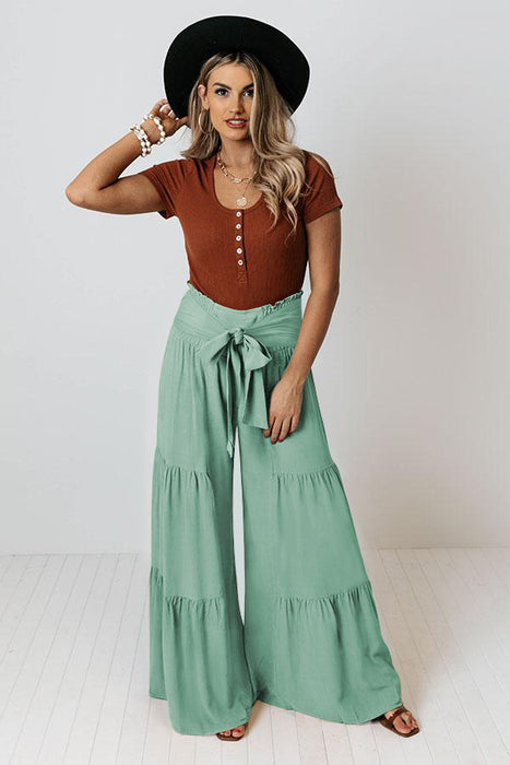 Color-Women Clothing Bandage Elastic Waist Pleated Wide Leg Pants Casual Loose Trousers-Fancey Boutique