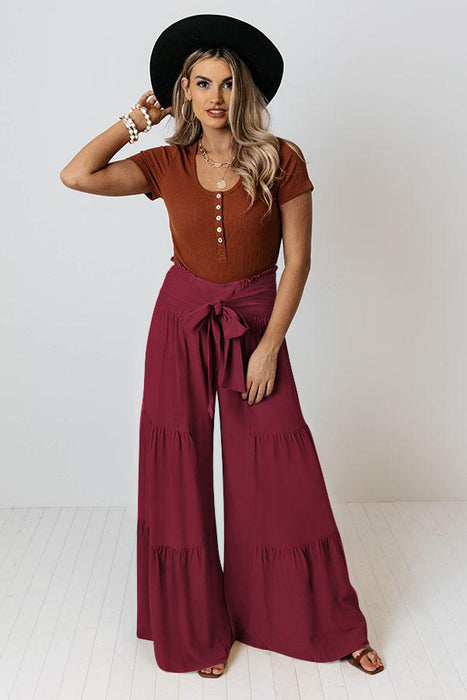 Color-Women Clothing Bandage Elastic Waist Pleated Wide Leg Pants Casual Loose Trousers-Fancey Boutique