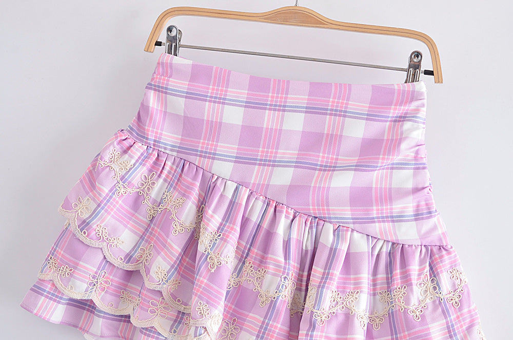 Color-Women Clothing Spring Towel Embroidery Plaid Pleated Lotus Leaf Skirt-Fancey Boutique