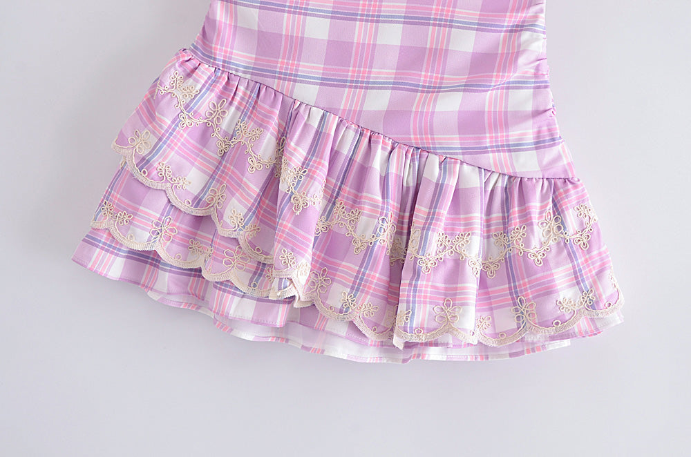 Color-Women Clothing Spring Towel Embroidery Plaid Pleated Lotus Leaf Skirt-Fancey Boutique