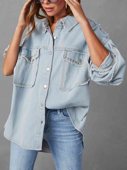 Color-S-Button Down Raw Hem Denim Jacket-Fancey Boutique