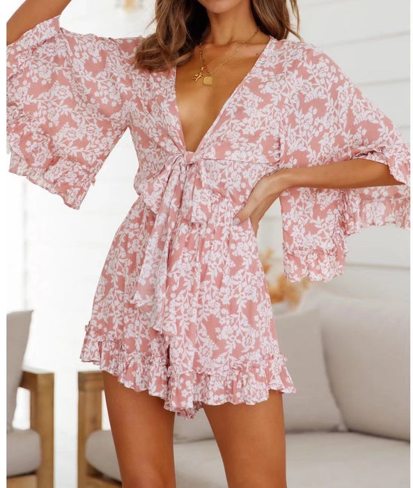 Color-Autumn Seaside Holiday Floral Print Batwing Sleeve V neck Lace up Three Color Romper-Fancey Boutique
