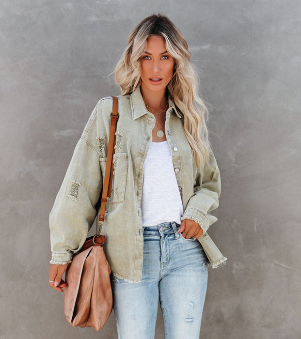 Color-Old Mid Length Ripped Loose Denim Jacket Women Jacket Coat Arrival Multicolor-Fancey Boutique