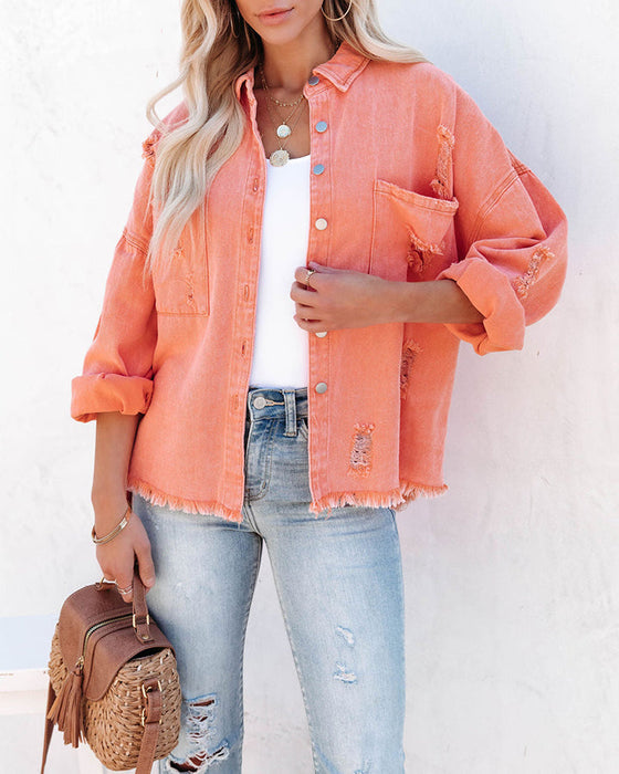 Color-Orange-Old Mid Length Ripped Loose Denim Jacket Women Jacket Coat Arrival Multicolor-Fancey Boutique