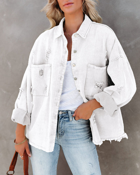 Color-White-Old Mid Length Ripped Loose Denim Jacket Women Jacket Coat Arrival Multicolor-Fancey Boutique