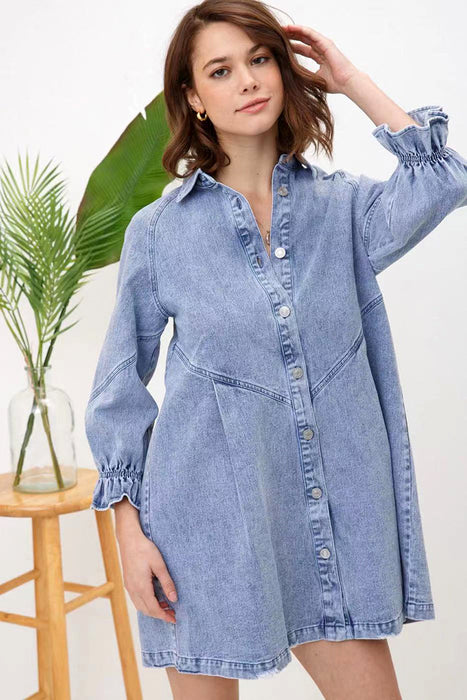 Color-Fried Sand Vintage Wash Denim Loose Lantern Sleeve Shirt Dress Popular-Fancey Boutique