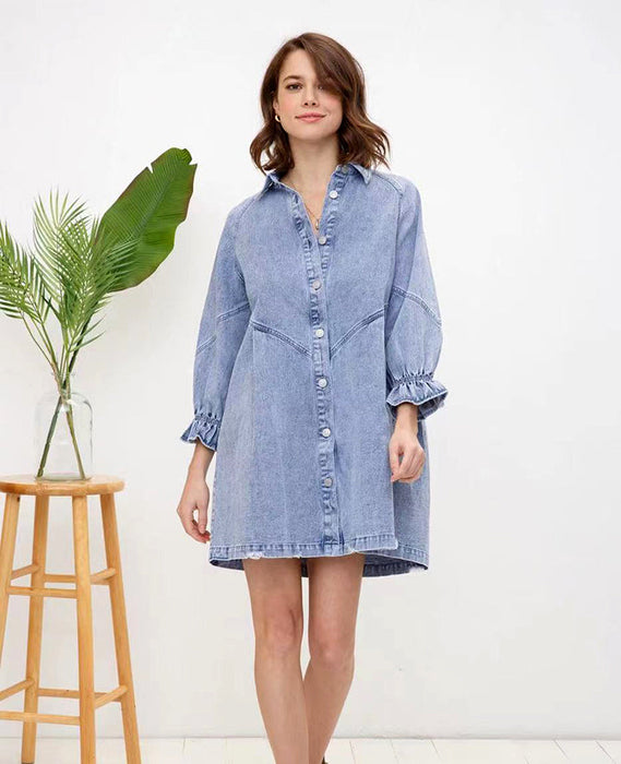 Color-Fried Sand Vintage Wash Denim Loose Lantern Sleeve Shirt Dress Popular-Fancey Boutique