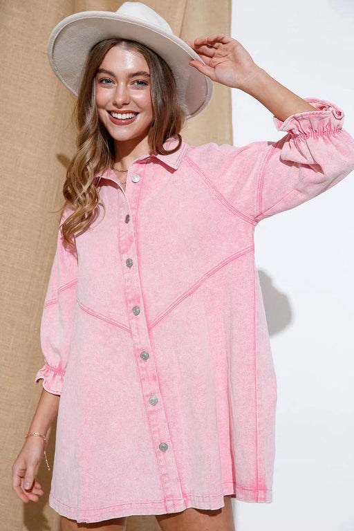 Color-Pink-Fried Sand Vintage Wash Denim Loose Lantern Sleeve Shirt Dress Popular-Fancey Boutique