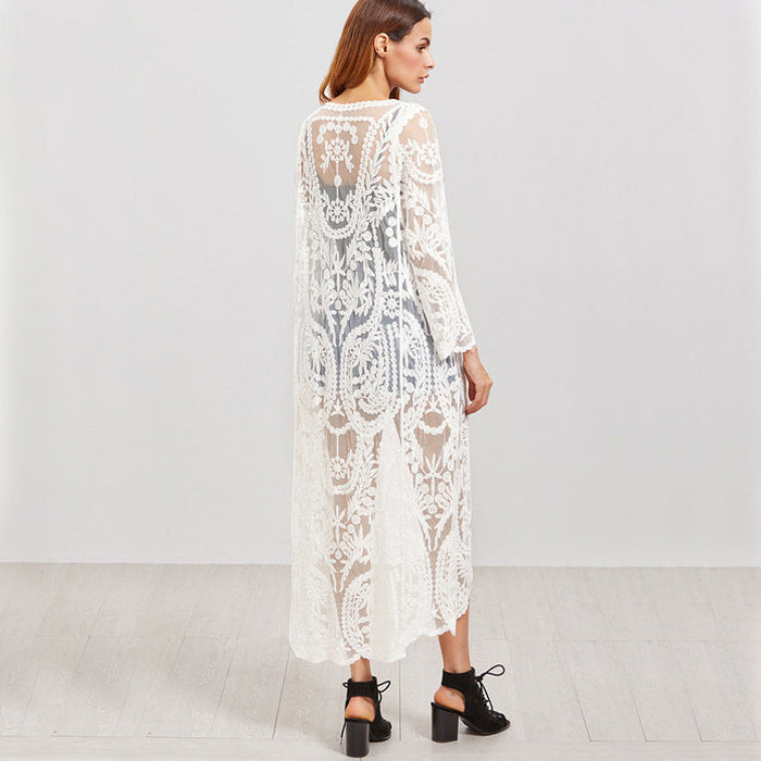 Color-Bohemian Holiday Long Wheat Embroidered Lace Gauzy Cardigan Sun Protection Shirt Beach Cover Up-Fancey Boutique