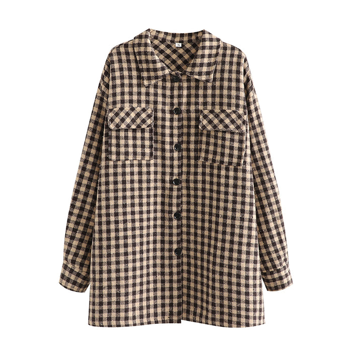 Color-Spring Fashionable Brushed Collared Pocket Decorative Loose Plaid Coat Shacket-Fancey Boutique