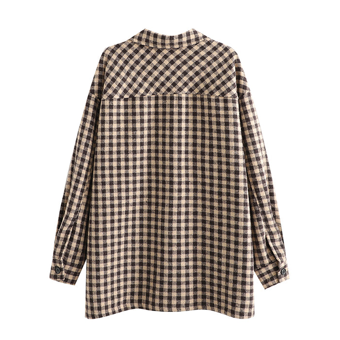 Color-Spring Fashionable Brushed Collared Pocket Decorative Loose Plaid Coat Shacket-Fancey Boutique