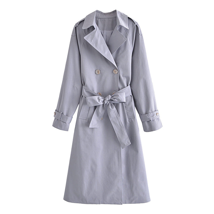 Color-Fall Women Clothing Large Collared Classic Double Breasted Lace-up Waist-Controlled Slimming Mid-Length Trench Coat-Fancey Boutique