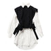 Color-Black Knitted Vest-Autumn Winter Lace-up Sweater Vest Heavy Duty Pleated White Mid Length Shirt Dress Two Piece Set-Fancey Boutique