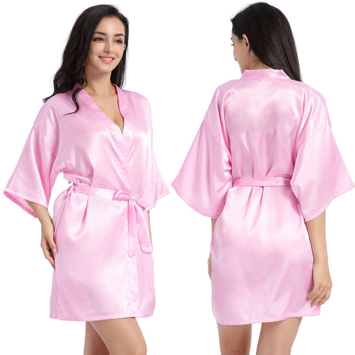 Color-Ladies Robe Artificial Silk Satin Kimono Gown Glossy Solid Color Thin Cardigan Gown Summer Sexy Short Bathrobe-Fancey Boutique
