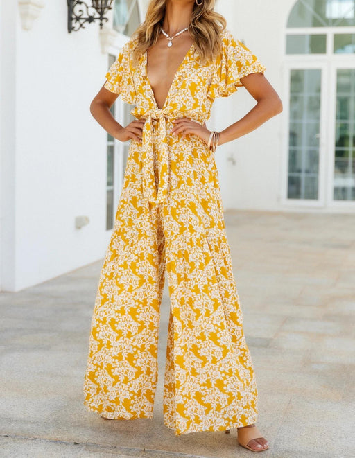 Color-Summer New Street Fashion Loose Casual Chest Lace-up Printed Jumpsuit-Fancey Boutique