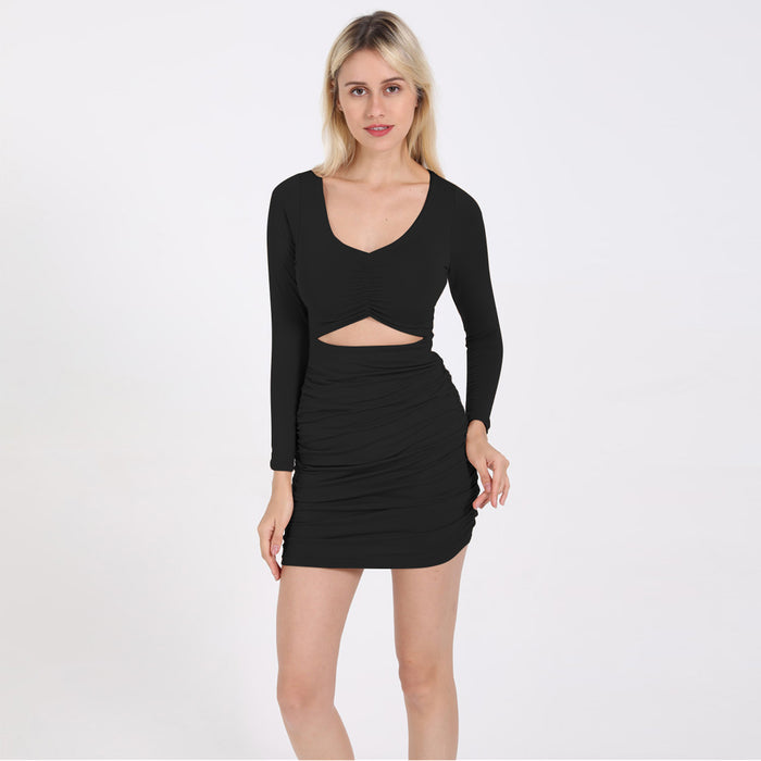 Color-Long Sleeves Sexy V-neck Slim Dress Women Clothing-Fancey Boutique
