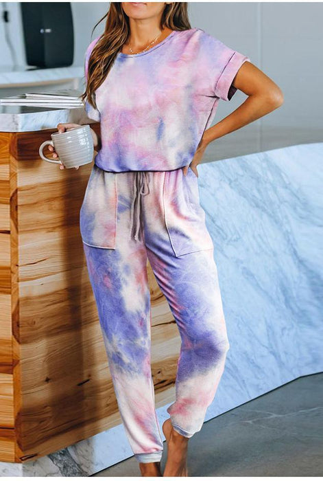 Color-Tie-Dyed One-Piece Pajamas Women Summer Loose Short Sleeve round Neck Ladies Homewear-Fancey Boutique