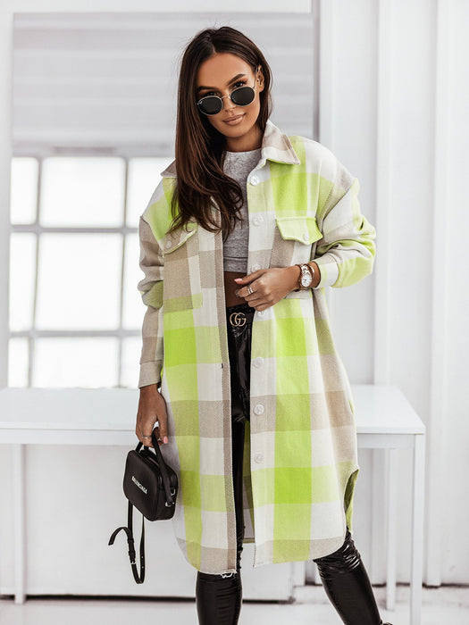 Color-Autumn Winter Long Sleeve Color Plaid Brushed Woolen Long Coat for Women-Fancey Boutique