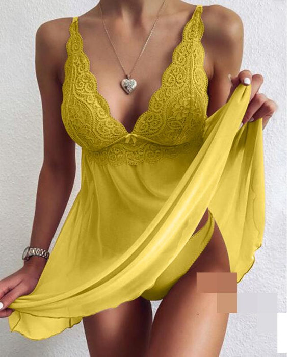 Color-Yellow-Sexy Deep V Plunge Plunge Satin Lace Slip Nightdress Seductive Backless Private Room Dress-Fancey Boutique