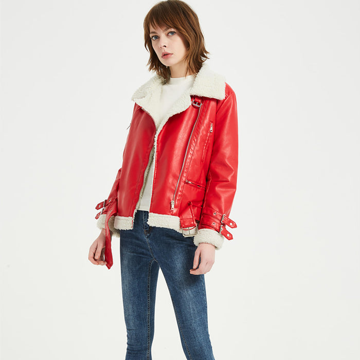 Color-Winter Clothes Women Leather Jacket Lamb Wool BF Korean Thick Motorcycle Jacket Leather Coat-Fancey Boutique