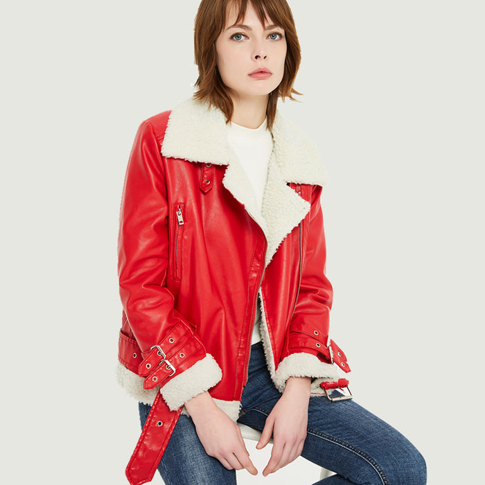 Color-Winter Clothes Women Leather Jacket Lamb Wool BF Korean Thick Motorcycle Jacket Leather Coat-Fancey Boutique