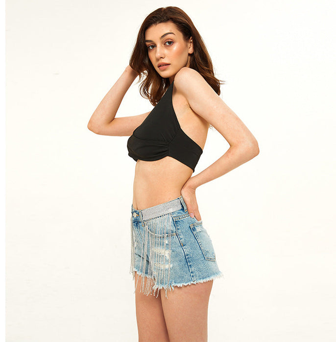 Color-Summer Nightclub Tassel Wide Leg High Waist Heavy Industry Tide Drill Chain Denim Shorts for Women-Fancey Boutique