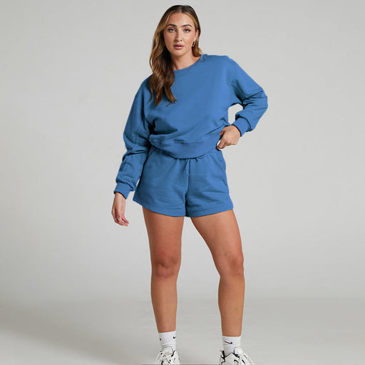 Color-Solid Color Long Sleeve Sweaters Women Clothing Short Two-Piece Casual Shorts Suit-Fancey Boutique