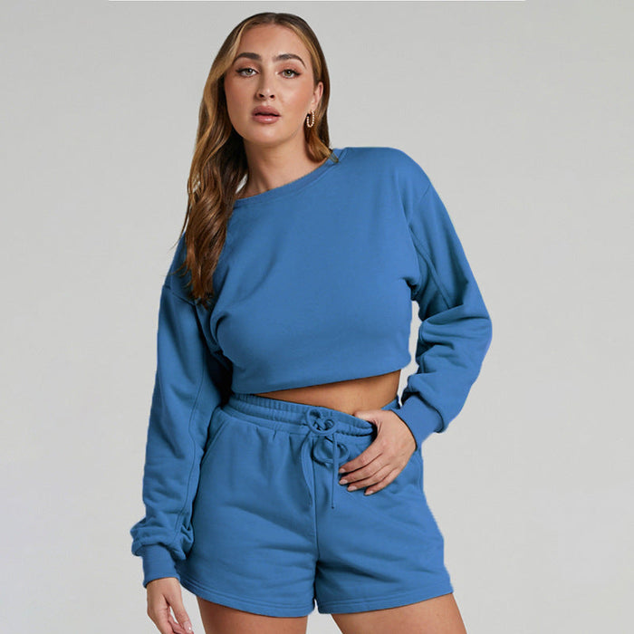 Color-Solid Color Long Sleeve Sweaters Women Clothing Short Two-Piece Casual Shorts Suit-Fancey Boutique