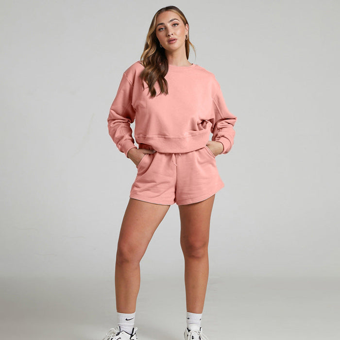 Color-Solid Color Long Sleeve Sweaters Women Clothing Short Two-Piece Casual Shorts Suit-Fancey Boutique