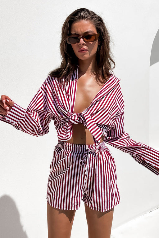 Color-Spring Summer Office Casual Pants Suit Women Shirt Striped Long Sleeve Split Two-Piece Set-Fancey Boutique