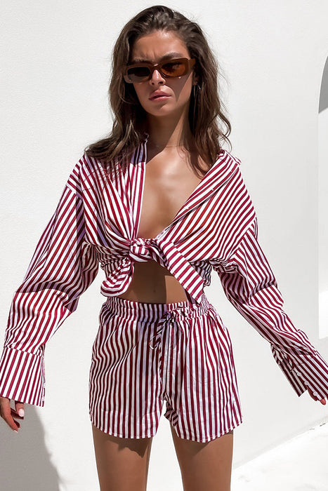 Color-Spring Summer Office Casual Pants Suit Women Shirt Striped Long Sleeve Split Two-Piece Set-Fancey Boutique