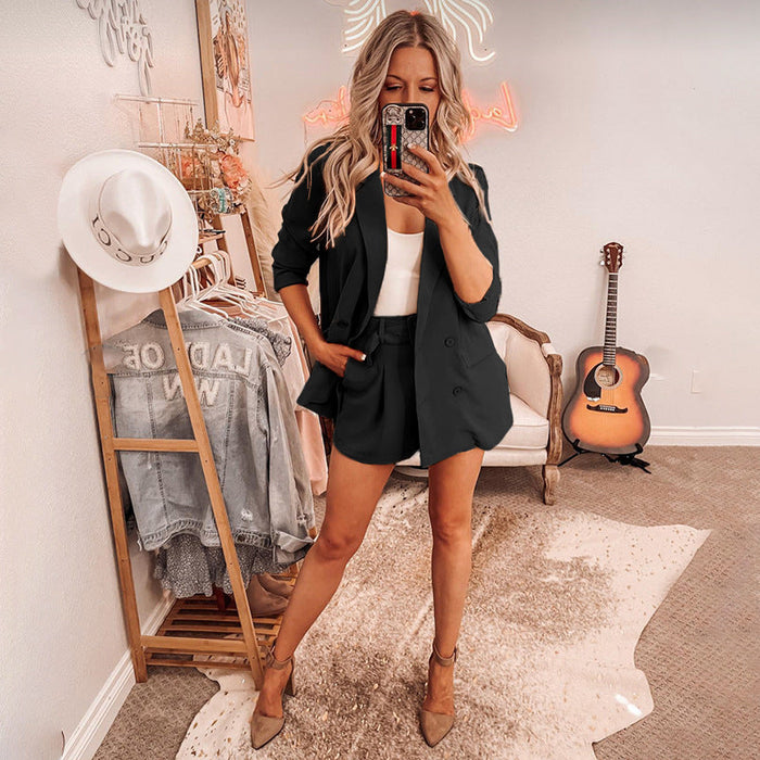 Color-Women Clothing Spring Autumn Simple Collared Small Suit Long Sleeve Two-Piece Suit Casual Shorts Suit-Fancey Boutique